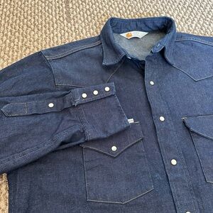 Vintage Carhartt Western Denim Snap Shirt Pearl Buttons Size L Workwear Cowboy